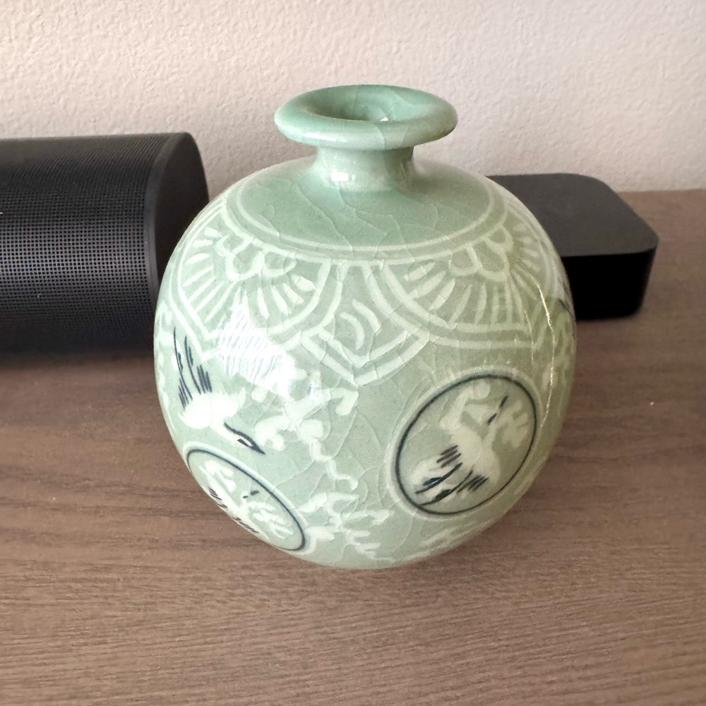 Korean Celadon Ceramic Vase with Bird Design